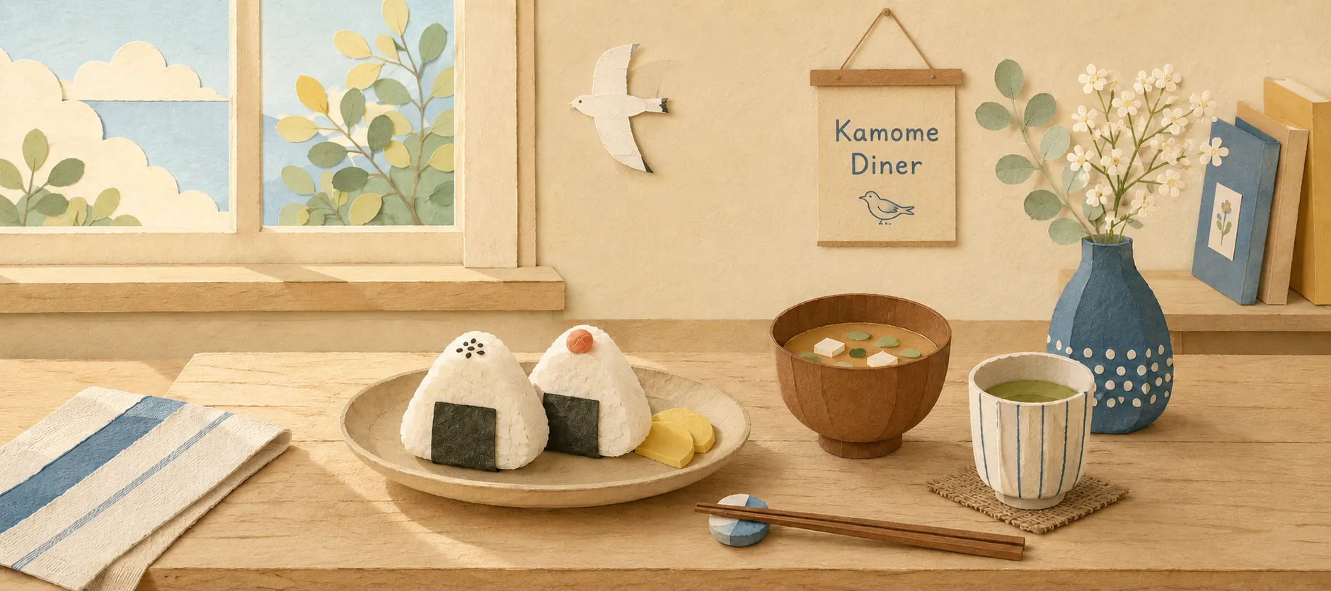 오니기리와 갈매기가 있는 카모메 식당 일러스트